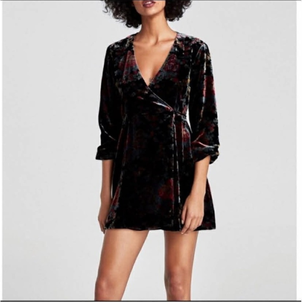 Zara Black Velvet Wrap Mini Dress with Burgundy Accents
